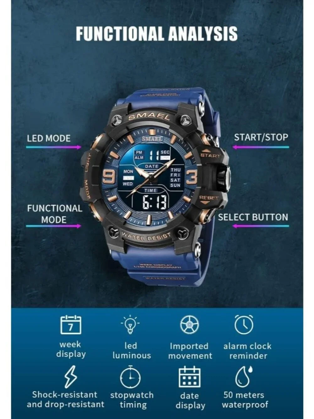 Mens Dark&Blue Analog Quartz S-Shock Waterproof Outdoor Sports LED Digital Watch